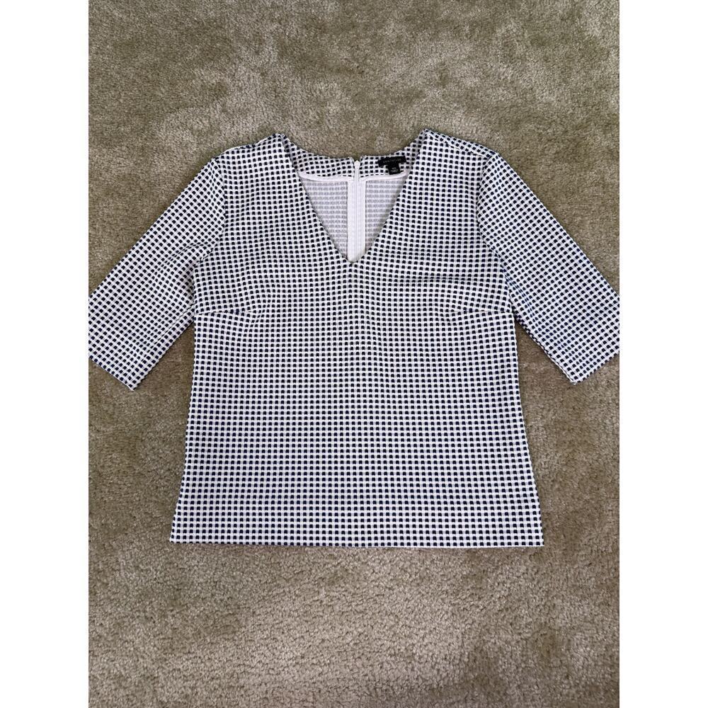 Ann Taylor Blue White Textured Gingham Elbow Sleeve V Neck Zip Top Size XS D946